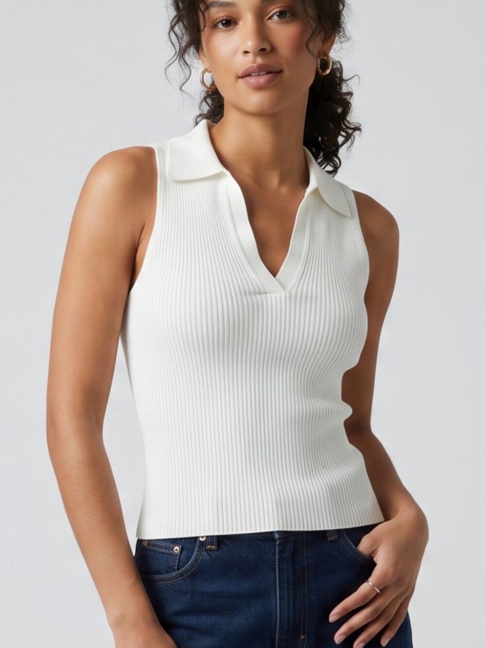 NWT | White Ribbed Padded Collared V-Neck Racerback Athletic Tank Top | XL